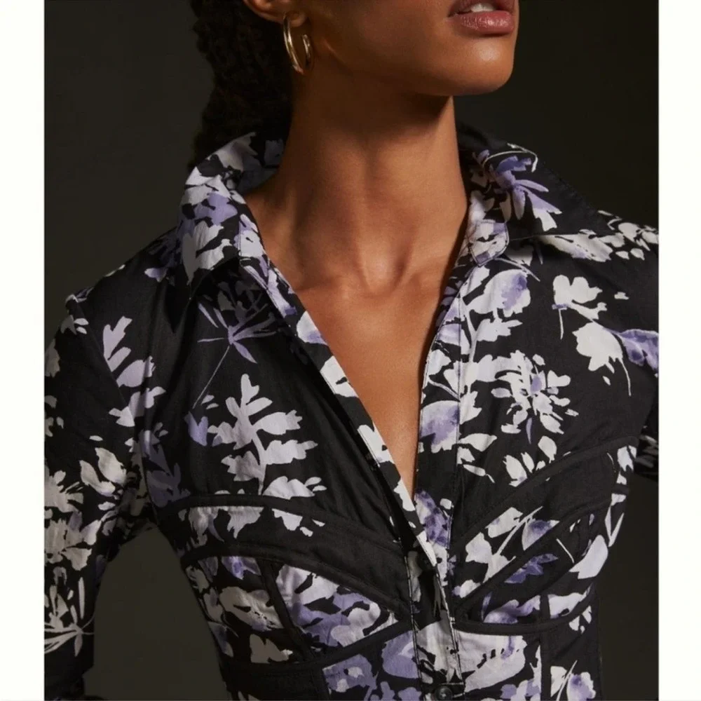 Anthropologie Corset Shirt Dress 6 Floral Button Front